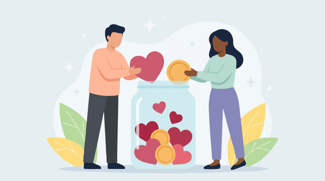 Couple donating hearts and coins to a jar for charity or savings