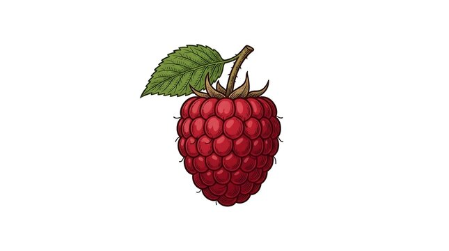 Raspberry vector black white engraving illustration with leaf