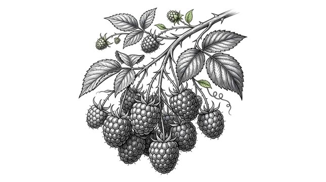 Raspberry vector black white vintage botanical sketch