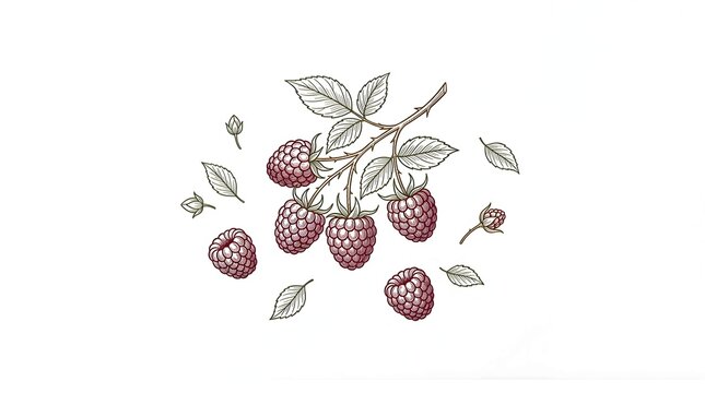 Raspberry vector black white botanical branch hand drawn illustration