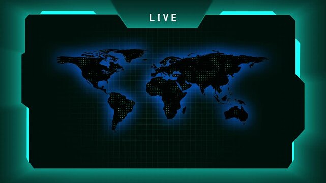 Futuristic live broadcast screen displays a world map on cyan. Television streaming media news uses this live broadcast screen. Global event broadcasting runs on the live broadcast screen.