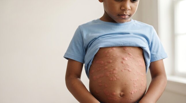 Young African American boy showing severe allergic reaction urticaria hives and red rash on his stomach