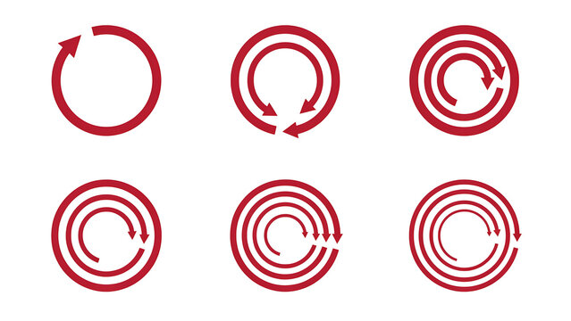 Set of red concentric circular arrow symbols representing continuous loading and loops with red arrows concentric circles loading icons loop symbols arrow rings refresh icons reload symbols