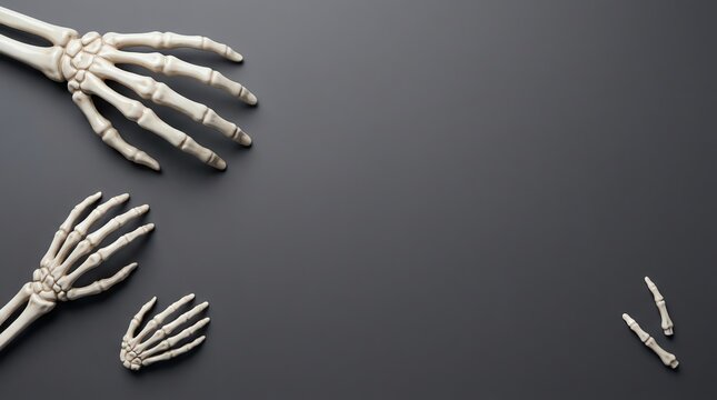 Top view of multiple plastic skeleton hands arranged on a dark grey background for halloween decoration