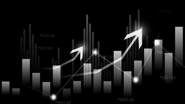 Dark abstract financial chart with glowing bar and line graph elements animation