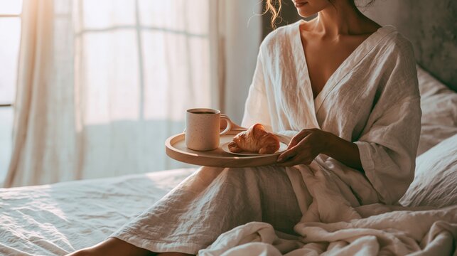 Woman holding a tray with coffee and a croissant, having breakfast in bed during morning sunlight