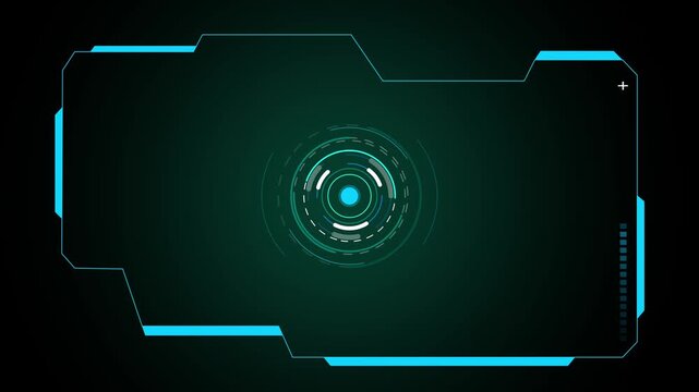 Futuristic HUD interface displays a circular blue target reticle. High tech radar surveillance telemetry guides the HUD interface. Cyber control telemetry runs across this modern HUD interface.