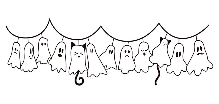 Whimsical garland with ghosts, cats. Playful linear illustration. Vector design for Halloween.