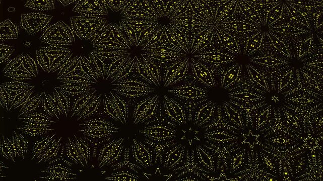 Intricate yellow geometric starburst patterns radiate on black. Symmetrical kaleidoscope graphics form the starburst patterns. Vibrant abstract energy fills these yellow starburst patterns.