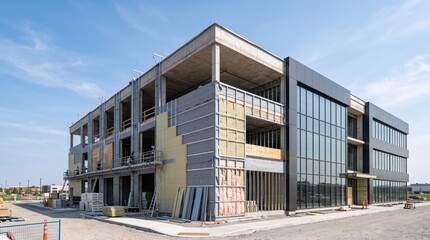 Naklejka premium Modern Commercial Office Building Under Construction with Glass Facade