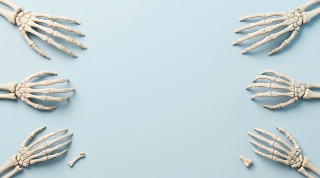 Six white skeletal hands arranged on a light blue background with a broken bone fragment among the composition.