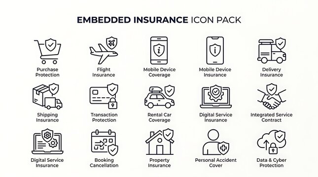 Embedded Insurance Line Icon Set for Financial Services and Digital Protection