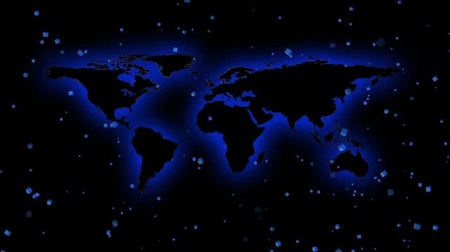 Blue world map silhouette shines with floating 3D tech cubes. Global cyberspace data network coordinates link the world map. Worldwide telecommunication routes across the world map.
