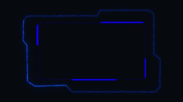 Futuristic blue neon border frame highlights a dark screen void. Modern cyber user interface designs outline the neon border frame. High tech sci-fi displays use this blue neon border frame.