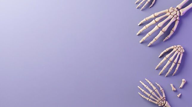 Light purple background featuring multiple white skeleton hands arranged vertically along the right side as a decorative graphic element.