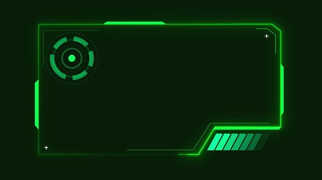 Green neon futuristic HUD frame displays an active round gauge. Cyber surveillance telemetry borders shape this neon HUD frame. High tech user interface screens use the green HUD frame.