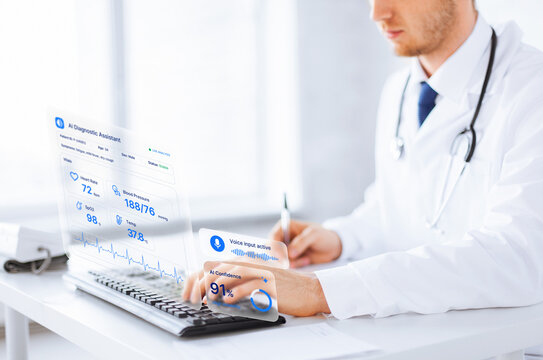 Doctor using transparent AI diagnostic interface with digital health data and medical analytics