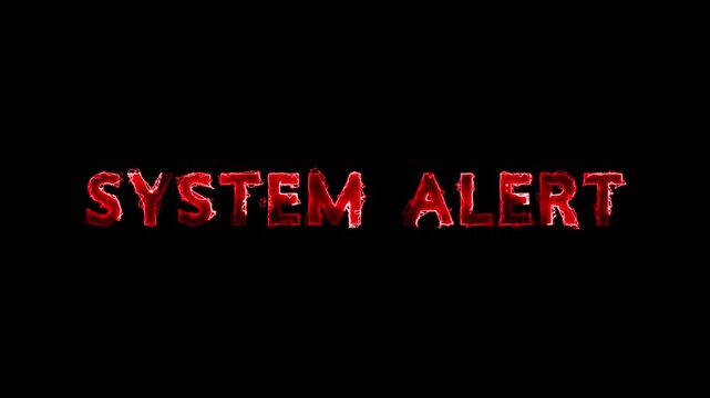 The SYSTEM ALERT text flashes with red glowing fiery edges on dark. Urgent cybersecurity hazard warnings trigger the SYSTEM ALERT text. Critical system error notifications use the SYSTEM ALERT text.