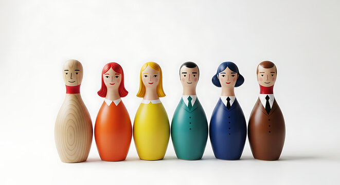 Five colorful wooden dolls standing in a row