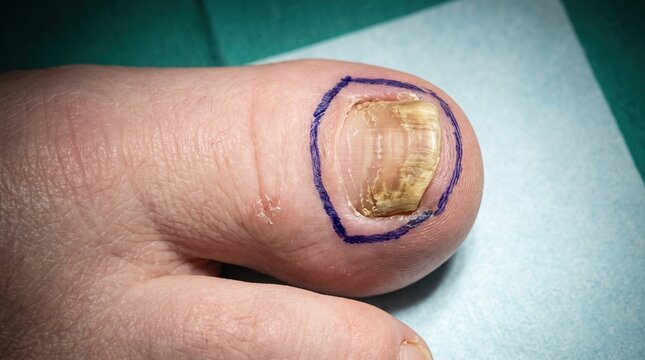Severe fungal nail infection onychomycosis on human toe circled with blue marker for surgical extraction