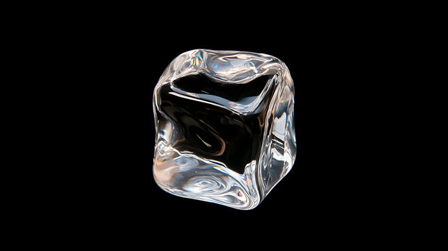 A single transparent ice cube isolated on a solid black background, showcasing sharp refractions, bright highlights, and smooth edges