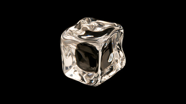 A single transparent glass cube block shaped like ice with distorted reflective surface isolated on a stark solid black background studio shot