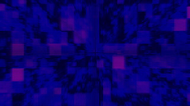 Digital background displays blue and purple glowing tech squares. Cascading matrix perspective flows across the digital background. High tech abstract cyber art forms this digital background.
