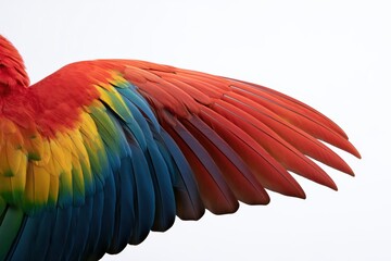Fototapeta premium Extended wing of scarlet macaw showing colorful feathers on white