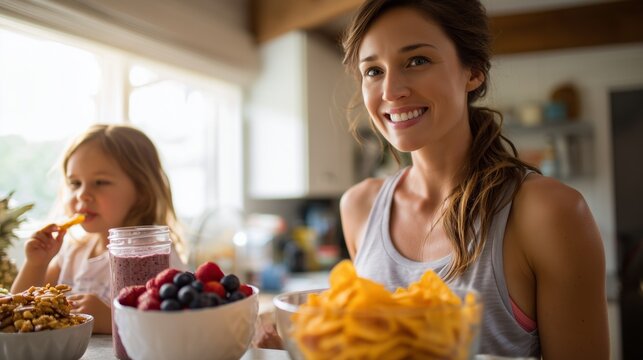 Happy mother and child choosing healthy berries and smoothie for snack time