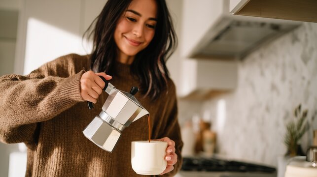 Woman smiling, pouring fresh coffee from moka pot into a mug during morning routine