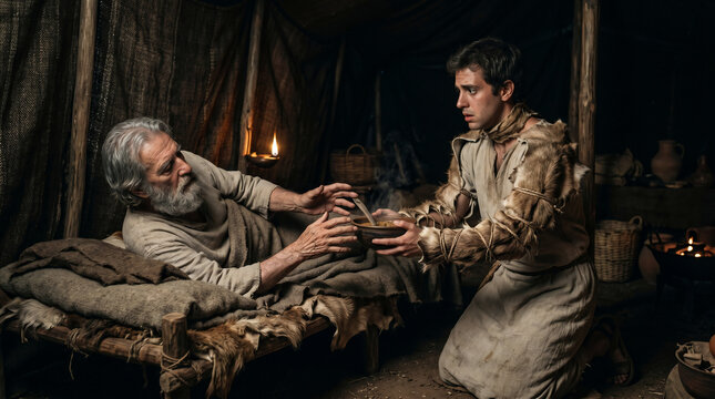 Jacob deceiving his blind father, Isaac. Wearing goat skins on his hands and neck to steal Esau's blessing