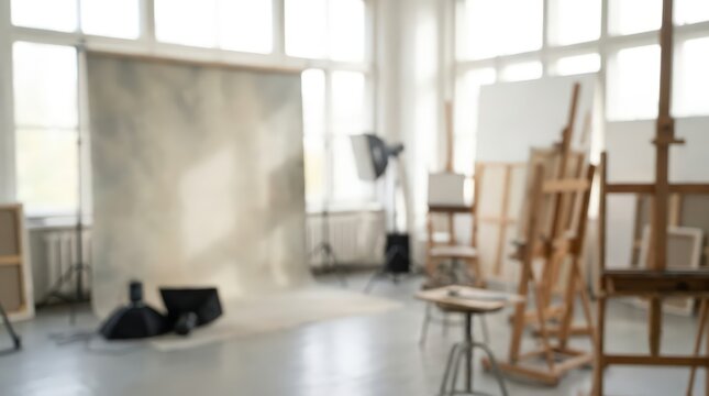 Empty art studio space features wooden easels and professional photography equipment. Soft natural light fills the bright room with a blurred backdrop and creative workspace atmosphere.