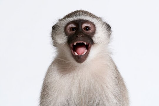 Monkey with open mouth showing teeth on white background