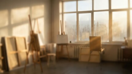 Fototapeta premium Empty artist studio features wooden easels and blank canvases positioned near a large window. Soft golden sunlight streams through the glass, creating a dreamy atmosphere with a blurred focus.