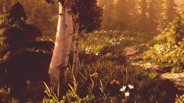 Sunset light shines through trees in a forest. The ground is covered with grass and various flowers. The scene shows a path leading further into the woods.