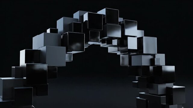 Abstract composition of dark geometric cubes with reflective surfaces
