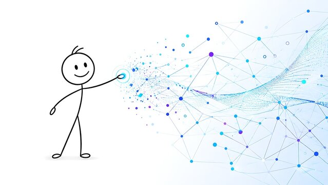 Simple stick figure illustration depicts with particles digital technology banner