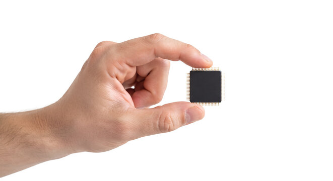 Close Up of a Person Holding an Integrated Circuit Microchip Component isolated on transparent background, PNG