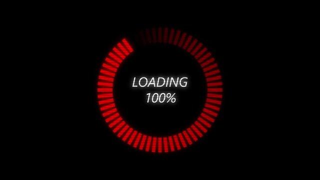 Red circular loading progress animation with percentage indicator on black background,  sleek buffering motion graphic for video streaming, websites, apps and digital interfaces