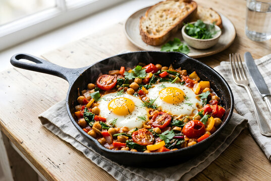 Fr&uuml;hst&uuml;ckspfanne mit Kichererbsen und Gem&uuml;se