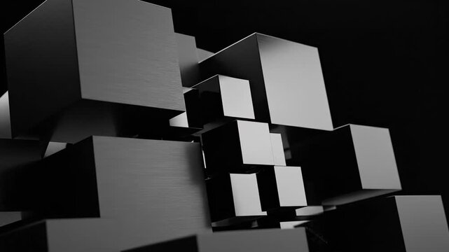 Abstract composition of floating geometric cubes in black and white