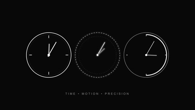 Minimalist analog clock faces with moving hands rotating on dark background for design with video minimalist black background