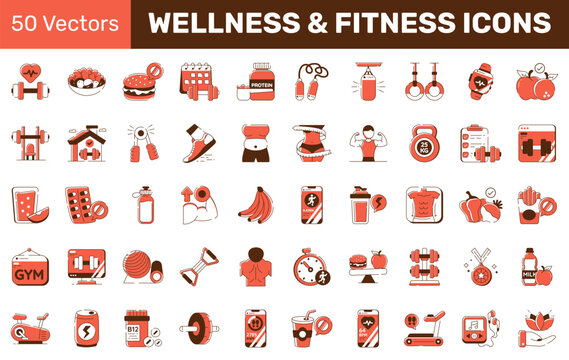 Wellness and fitness editable icons set isolated on white background. Flat style vectors.