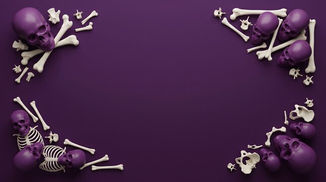 A spooky halloween background featuring human skulls and bones arranged in corners on a dark purple textured surface backdrop