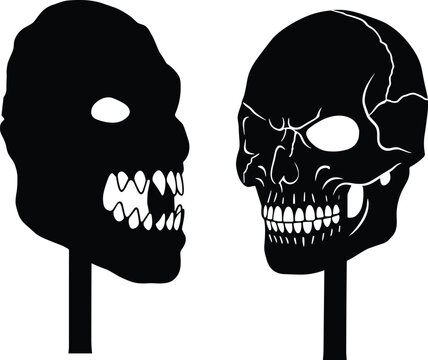 Human Skull Silhouette Collection with Detailed Anatomical Skull Icons in Front and Side View Isolated on White Background
