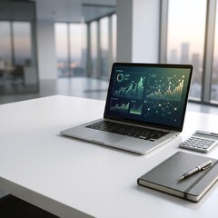 Fototapeta premium Financial Market Analytics Laptop on Minimalist Modern Office Desk