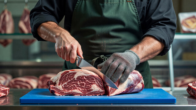 Butcher in protective glove cutting raw beef on board in shop, food industry and meat production