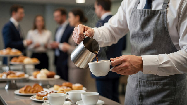 Waiter pouring hot coffee into cup at business conference break, corporate catering and hospitality service