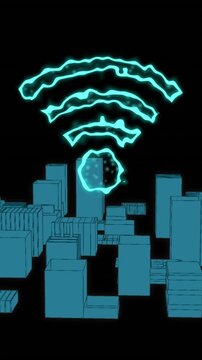 Animation of digital wifi icons flying over cityscape