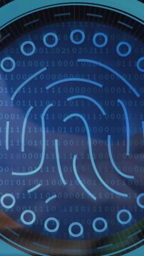 Animation of fingerprint in circles over hands of caucasian man typing on laptop